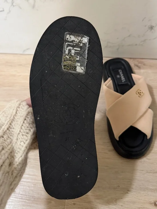 Chanel CC Logo Crossover Slide Sandals Beige/Black Size 37 w/ Box & Dust Bag - Picture 5 of 5